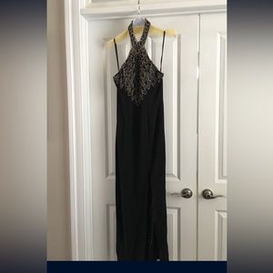 Stunning K Lily Black velvet long formal gown w/beaded halter neck